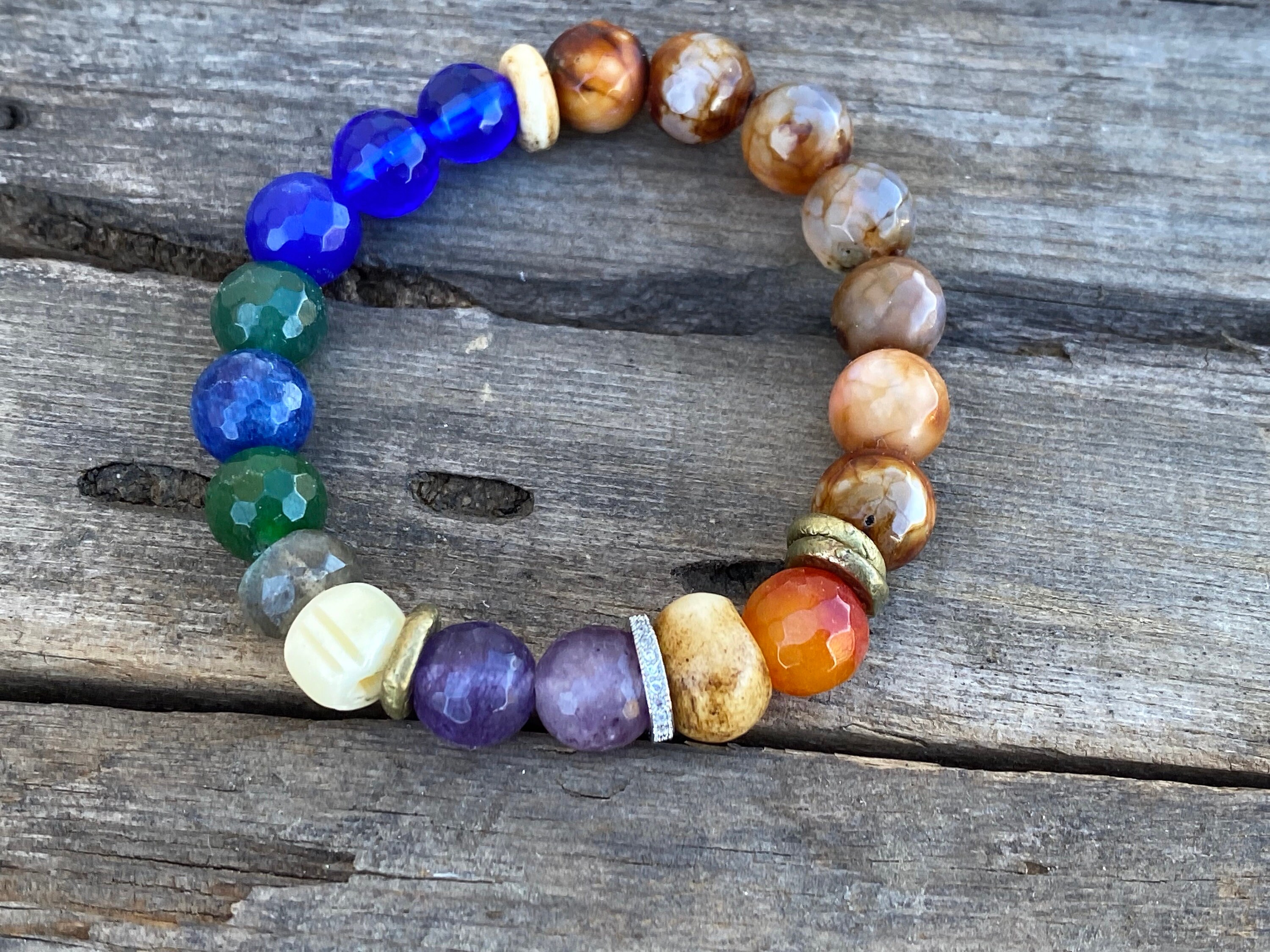Pave Quartz Crystals Hand Carved Bone Multi Colored Agates Rainbow Bracelet Beaded Gemstone Mala