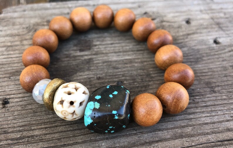 Beaded Bracelet Gemstone Turquoise Sandalwood Moonstone Bone energy healing tibetan intention mala mens spiritual bracelet GIFTS Mala Beads