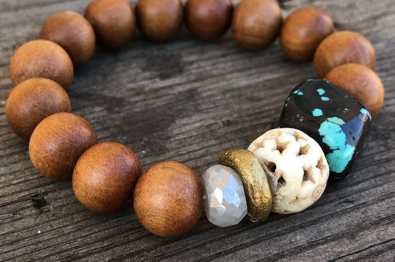 Beaded Bracelet Gemstone Turquoise Sandalwood Moonstone Bone energy healing tibetan intention mala mens spiritual bracelet GIFTS Mala Beads