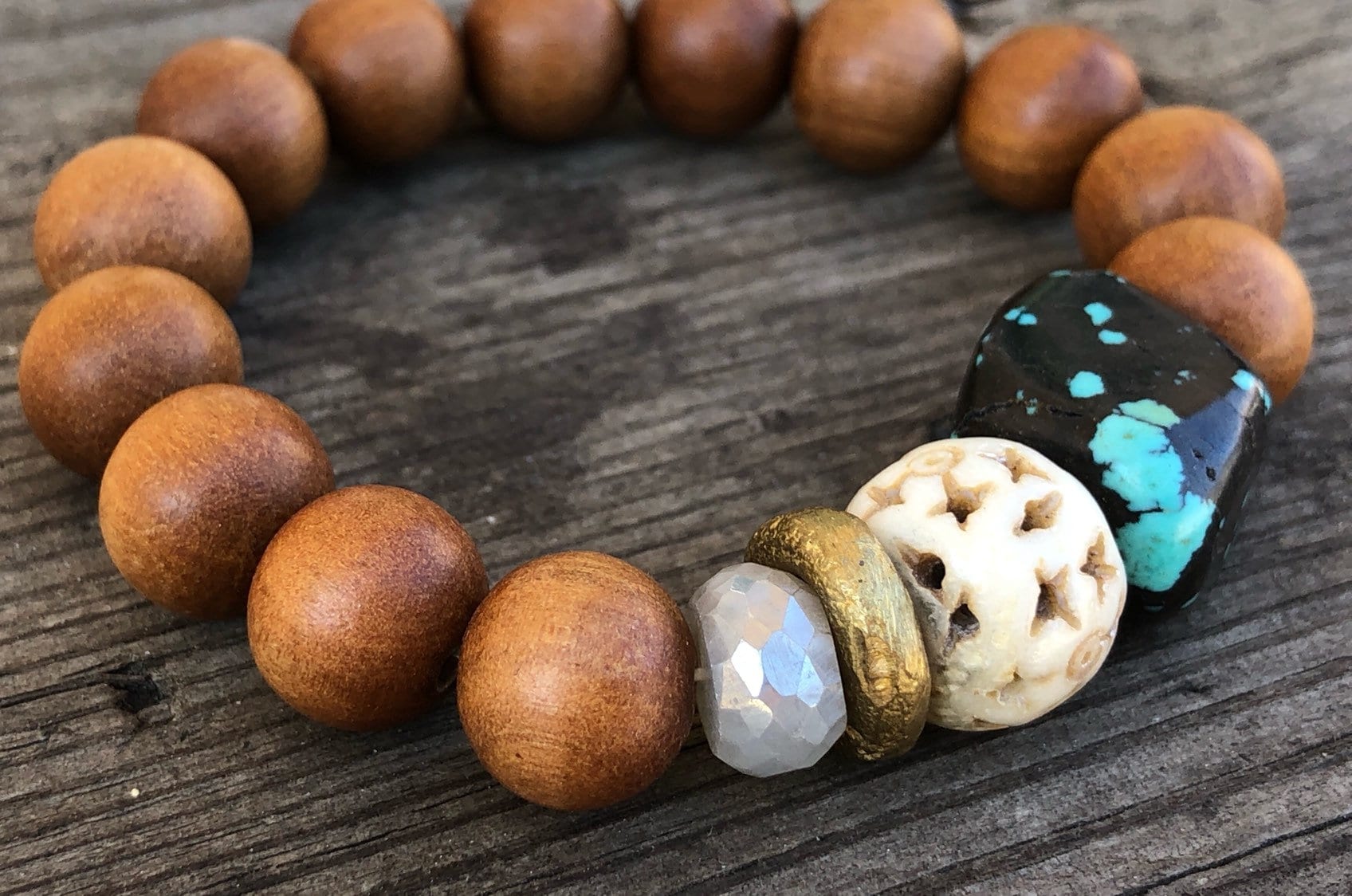 Beaded Bracelet Gemstone Turquoise Sandalwood Moonstone Bone energy healing tibetan intention mala mens spiritual bracelet GIFTS Mala Beads