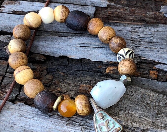 Pure Moonstone Raw Gemstone Beaded Buddha Mala Beads Bracelet Mens Womens Bracelet Rare Agarwood African Tribal Recycled Trade Glass Yoga