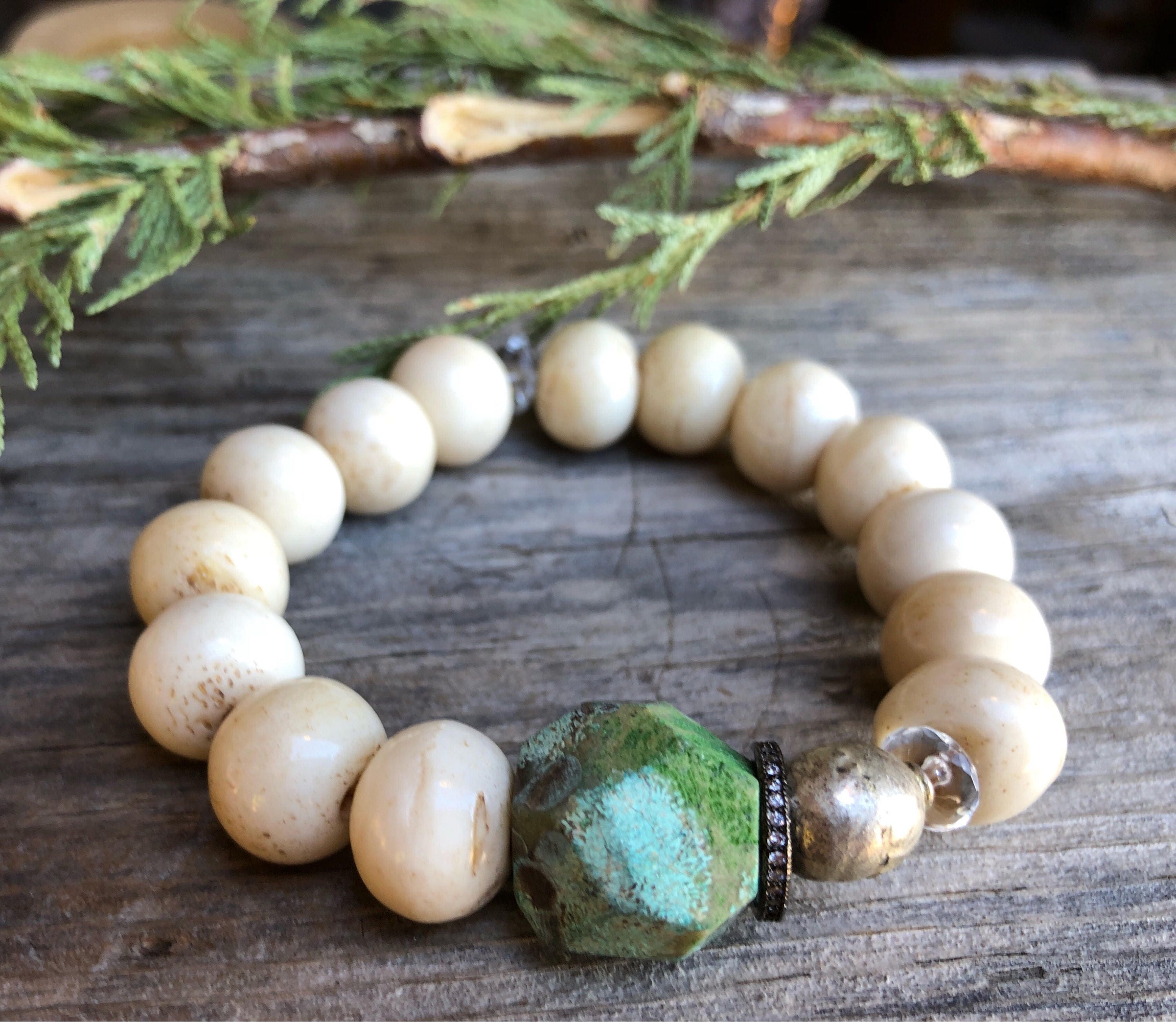 Hand Carved Bone Quartz African Turquoise beaded gemstone energy healing  crystal intention mala beads spiritual Bracelet yoga gift jewelry