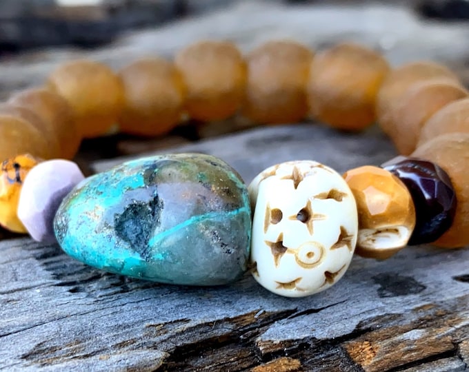 African Tribal Recycled Glass Turquoise Beaded Bracelets Hand Carved Bone beaded Bracelet Wrist Mala Beads Mens Bracelet Women Bracelet Gift