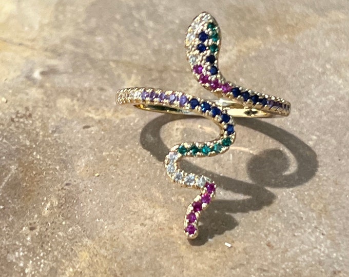 Pave Rainbow Gemstone 18k Gold Plated Adjustable Boho Bohemian Snake Serpent Gold Ring Snake Ring Pave Ring Festival Hippie Trendy Jewelry