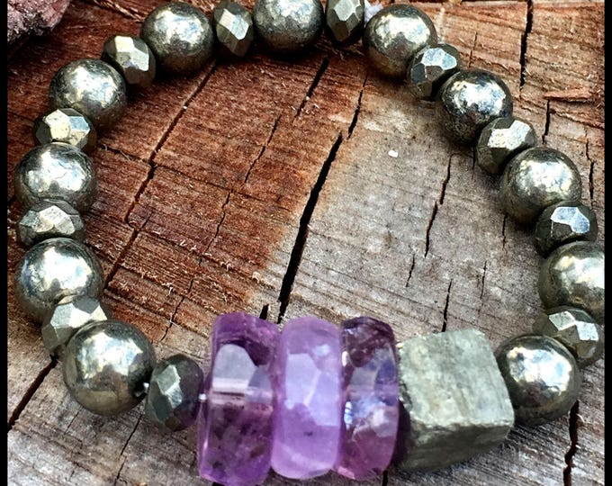 Glowing Pure Faceted Amethyst Gemstones with Raw Pyrite Gemstone Zen Yoga Glam Statement beaded intention mala Stack Bracelet gifts gift men