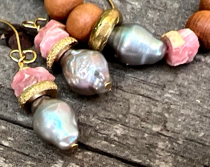 Boho Gemstone Mala Bracelet Pearl Rhodochrosite Vintage Brass Earring Mala Beads Gemstone Set