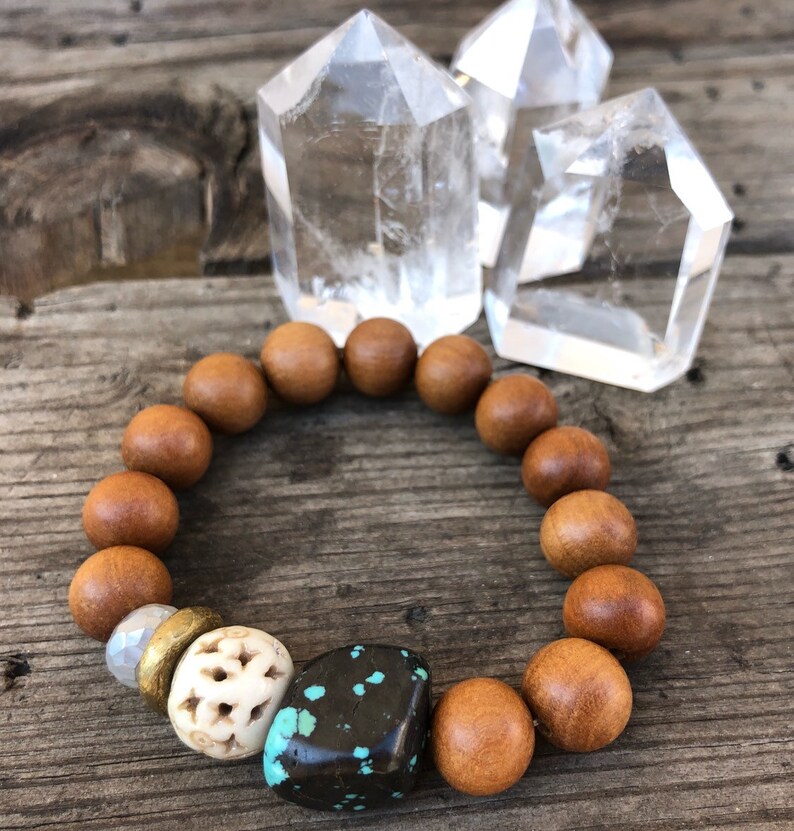Beaded Bracelet Gemstone Turquoise Sandalwood Moonstone Bone energy healing tibetan intention mala mens spiritual bracelet GIFTS Mala Beads