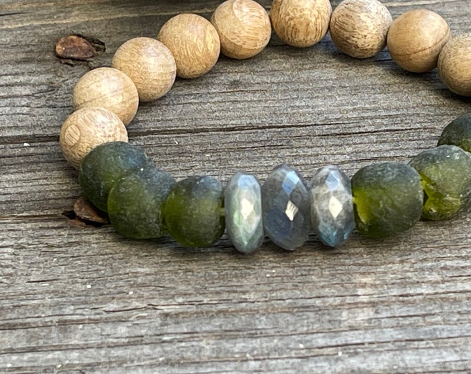 African Tribal Recycled Glass Glowing Labradorite Beaded Bracelet Yoga Yogi Wrist Mala Beads Mens Bracelet Women Stack Stretch Bracelet ZEN