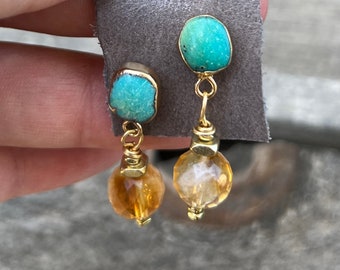 Genuine Turquoise Gemstone Citrine Earrings 18K Gold Plate Stud Dangle Handmade Boho Earrings