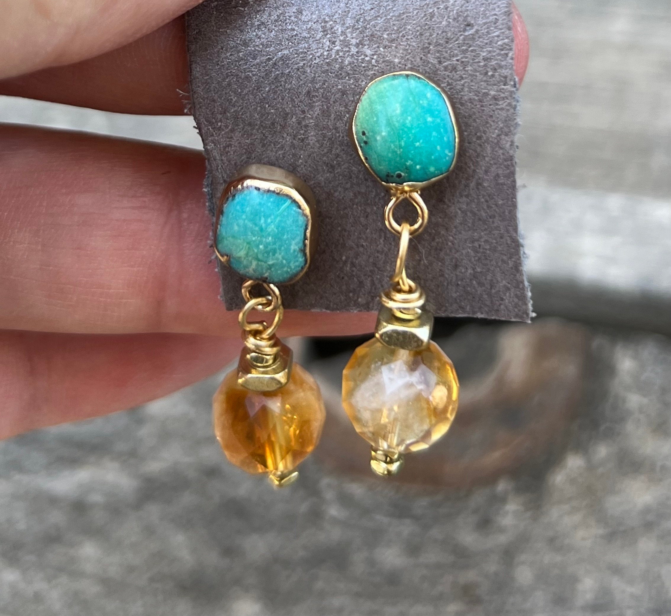 Genuine Turquoise Gemstone Citrine Earrings 18K Gold Plate Stud Dangle  Handmade Boho Earrings