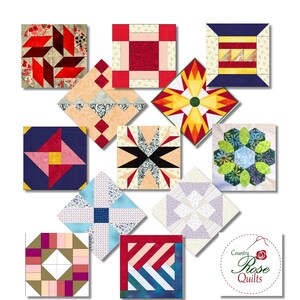 Könnte beinhalten: Eine Sammlung von 12 bunten Quiltblöcken mit verschiedenen geometrischen Mustern. Die Blöcke sind in einem Raster auf weißem Hintergrund angeordnet. Der Text "Country Rose Quilts" ist in der unteren rechten Ecke sichtbar.