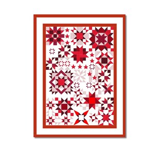 Könnte beinhalten: Ein gerahmter roter und weißer Quilt mit einem Patchwork-Muster mit verschiedenen Sternen- und geometrischen Formen.