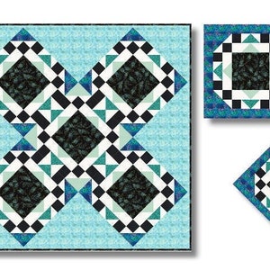 May include: A quilt pattern with a blue, white, and black geometric design. The quilt is made up of squares and triangles. The quilt is surrounded by a blue border.