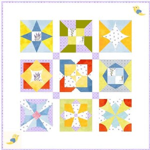 Puede incluir: Un patrón de bloque de colcha con nueve diseños diferentes. Cada bloque presenta una combinación de telas amarillas, azules, verdes y rojas con un estampado floral blanco. Los bloques están dispuestos en una cuadrícula de 3x3.