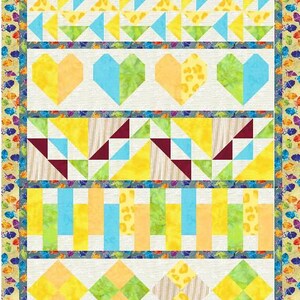 May include: A quilt block pattern featuring six different designs. The designs are made up of various geometric shapes in yellow, blue, green, orange, and brown. The quilt block pattern is surrounded by a border of small butterflies in various colours.