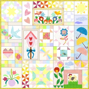 Op de afbeelding: Een kleurrijk quiltblok met verschillende ontwerpen, waaronder vogels, bloemen, harten en een vogelhuisje. Het quiltblok is gemaakt van vierkanten en rechthoeken in verschillende kleuren en patronen.