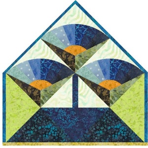 Könnte beinhalten: Ein Quiltblock mit geometrischem Design aus blauem, grünem und orangefarbenem Stoff. Der Block besteht aus Dreiecken und geschwungenen Formen.