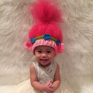 Crochet and tulle hat inspired by Princess Poppy Troll ( Available Newborn - Adult)
