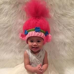 Crochet and tulle hat inspired by Princess Poppy Troll ( Available Newborn - Adult)