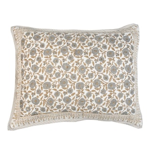 Beige Floral Handmade Block-Printed Standard Sham in hues of grey, olive, and gold with an elevated botanical design