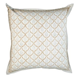 May include: A white pillow with a brown and white diamond pattern. The pillow has a white border with a subtle striped pattern.