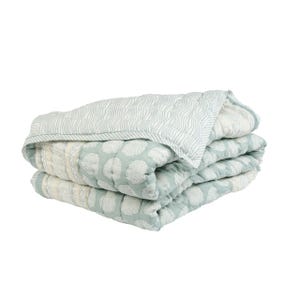 May include: A stack of three folded quilts in shades of blue and white. The top quilt features a wavy striped pattern, while the lower quilts display a circular floral design. The quilts are made of a soft, quilted fabric.