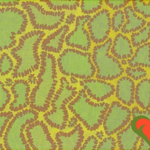 May include: Abstract painting with a green and yellow background and brown circular patterns.