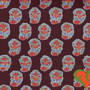 May include: A fabric with a repeating pattern of paisley-shaped designs. Each design features a red flower with orange and purple accents, set against a light blue background. The background is a deep maroon color.