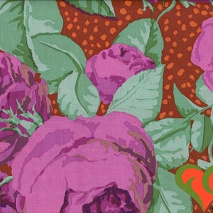 May include: A floral pattern featuring large, vibrant pink roses with green leaves against a textured, reddish-brown background dotted with orange specks. The design has a vintage, botanical feel, suitable for fabric or wallpaper.