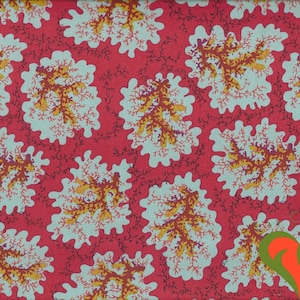 May include: A repeating pattern of coral-like shapes in white, yellow, and orange on a light blue background, set against a deep red backdrop. The design includes thin, dark red branch-like details.