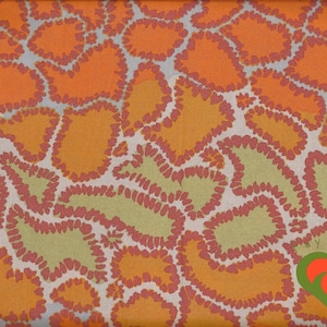 May include: Abstract pattern fabric featuring orange, yellow, and light green shapes outlined in red on a light gray background. The design has a retro feel, with a repeating organic motif. The fabric is suitable for various craft projects.