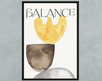 Abstract Printable Art, Yellow Gray Brown Balance Modern Gradient Watercolor Text Image Poster Instant Download Shapes Lines Rocks