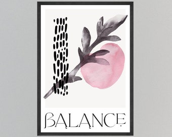 Abstract Printable Art, Gray Pink Black Balance Branch Fruit Modern Gradient Watercolor Text Image Poster Instant Download Shapes Lines