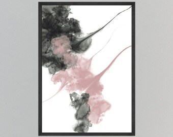 Abstract Printable Art, Pink Gray Painting Modern Gradient Watercolor Picture Poster Instant Download Shape Lines Dots Cloud Decorative
