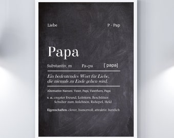 Może przedstawiać: Czarno-biały wydruk artystyczny do druku z definicją słowa "Papa" w języku niemieckim. Definicja brzmi: "Ważne słowo oznaczające miłość, która nigdy się nie kończy".