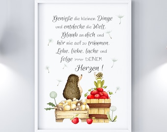 Art print HEDGEHOG and FRIENDS, lines of text for children, guest gift, souvenir, godchild, godson, sister, brother, niece, nephew