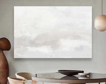 Minimalist Abstract Canvas Print, Large Framed Neutral Cloud Painting, Original Wabi Sabi Grey Beige Horizontal Wall Art, Calm Modern Decor