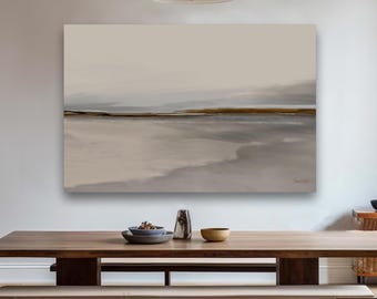 Abstract Wabi Sabi Canvas Print, Large Moody Horizontal Giclee Wall Art, Original Modern Framed Coastal Painting, Earthy Beige Gray Decor