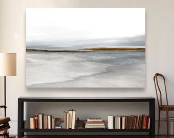 Abstract Beach Canvas Print, Oversized Neutral Coastal Wall Art, Large White Brown Gray Painting, Original Modern Framed Minimalist Decor