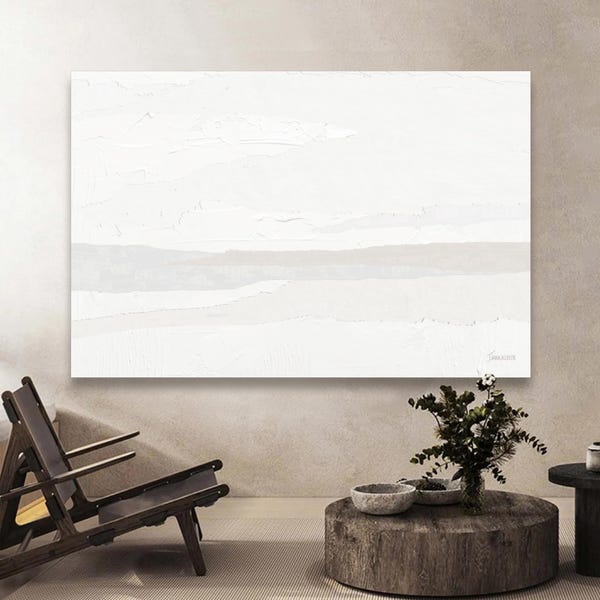 Neutral Abstract Painting, Beige Coastal Wall Art, Canvas or Paper Print, Calm Oversized Wabi Sabi Horizontal Decor, Original Gray White Art