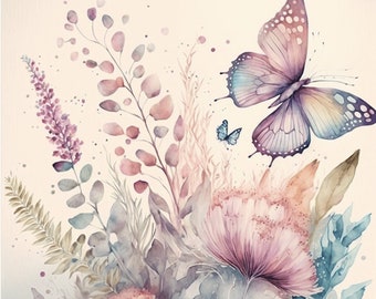 Watercolor Butterfly and Flower Wall Art, Butterflies and Wildflowers Home Decor, Butterfly and Flower Prints for Nursery