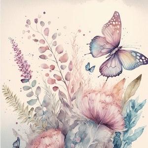 Watercolor Butterfly and Flower Wall Art, Butterflies and Wildflowers Home Decor, Butterfly and Flower Prints for Nursery