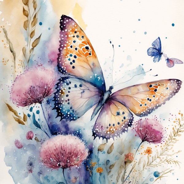 Watercolor Butterfly and Flower Wall Art, Butterflies and Wildflowers Home Decor, Butterfly and Flower Prints for Nursery