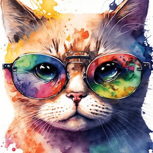 Impresión de arte de gato acuarela, gato colorido con gafas, lindo gatito de dibujos animados con gafas de sol, imagen divertida de la guardería de la habitación de los niños, imagen fresca del gato
