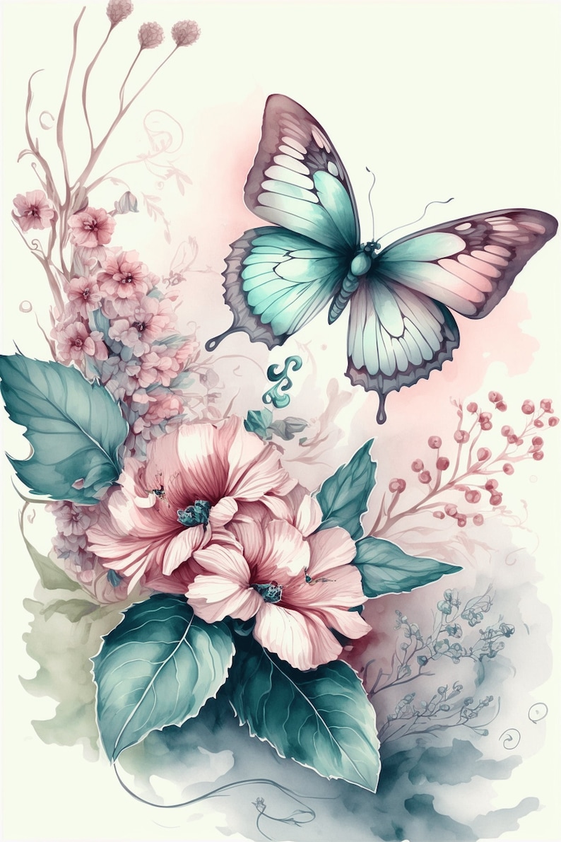Watercolor Butterfly and Flower Wall Art Butterflies and Etsy