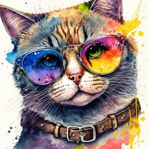 Impresión de arte de gato acuarela, gato colorido con gafas, lindo gatito de dibujos animados con gafas de sol, imagen divertida de la guardería de la habitación de los niños, imagen fresca del gato