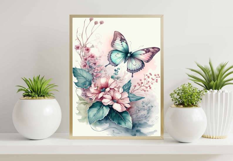 Watercolor Butterfly and Flower Wall Art, Butterflies and Wildflowers