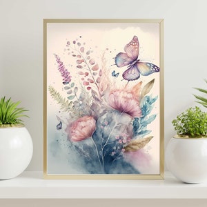 Watercolor Butterfly and Flower Wall Art, Butterflies and Wildflowers ...