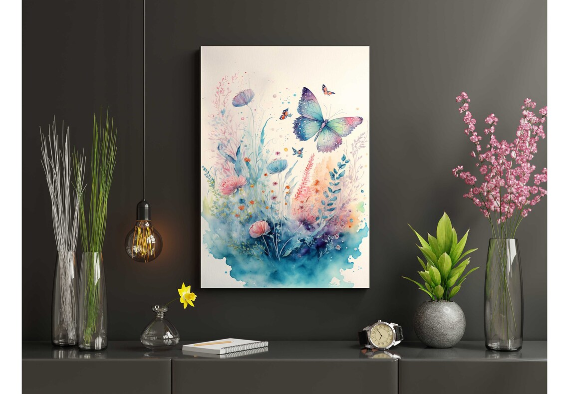 Watercolor Butterfly and Flower Wall Art, Butterflies and Wildflowers ...