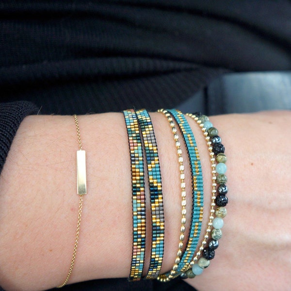 Bracelet tissage 'triangles' tons vert bleu avec perles Miyuki - bracelet bohème bleu vert - bracelet style ibiza - miyuki delica